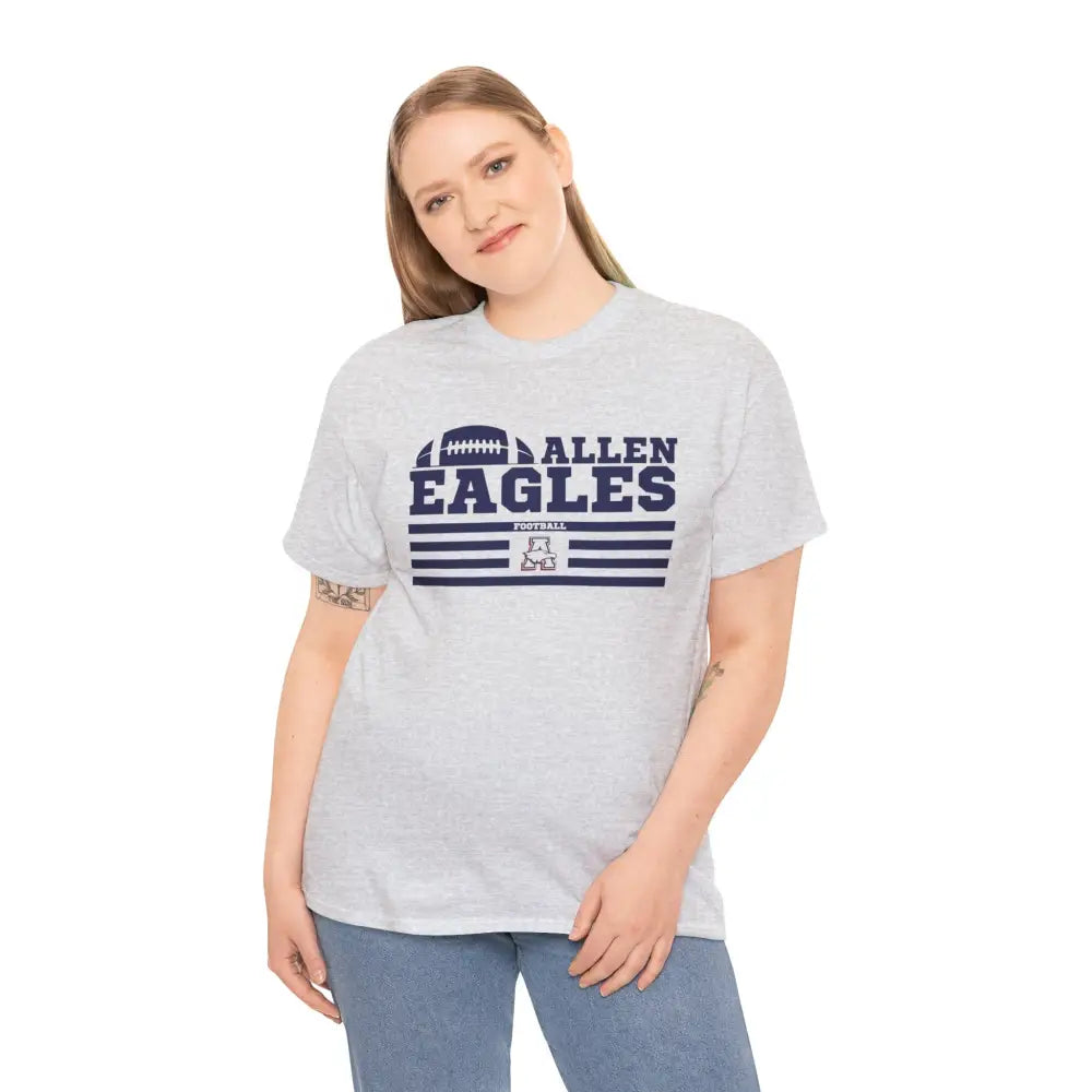 Person wearing a gray t-shirt with 'Allen Eagles' text on a white background