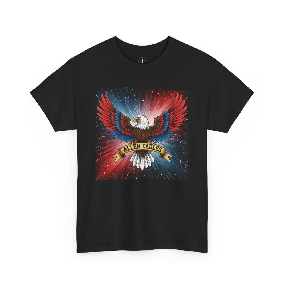 Black t-shirt with an eagle graphic design on a white background