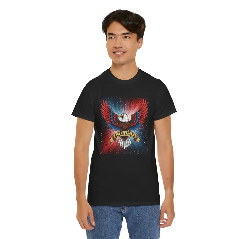 Person wearing a black t-shirt with an eagle graphic design on a white background