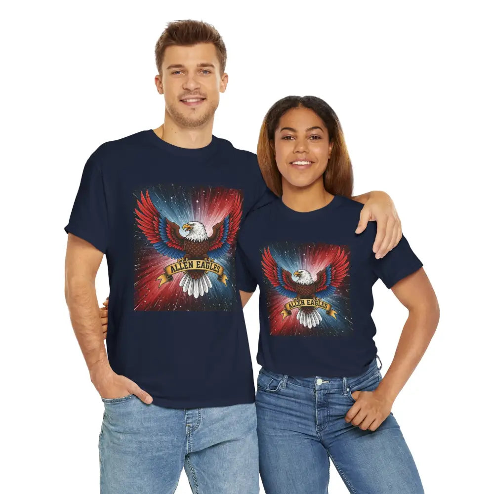 Two people wearing navy blue t-shirts with an eagle design on a white background