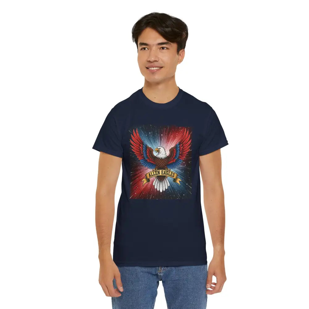 Person wearing a navy blue t-shirt with an eagle graphic design on a white background