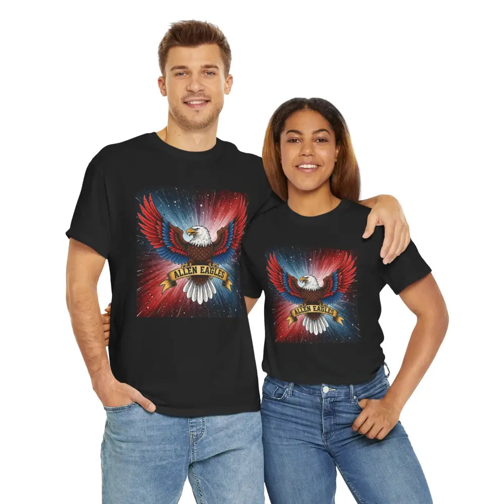 Two people wearing black t-shirts with an eagle design on a white background