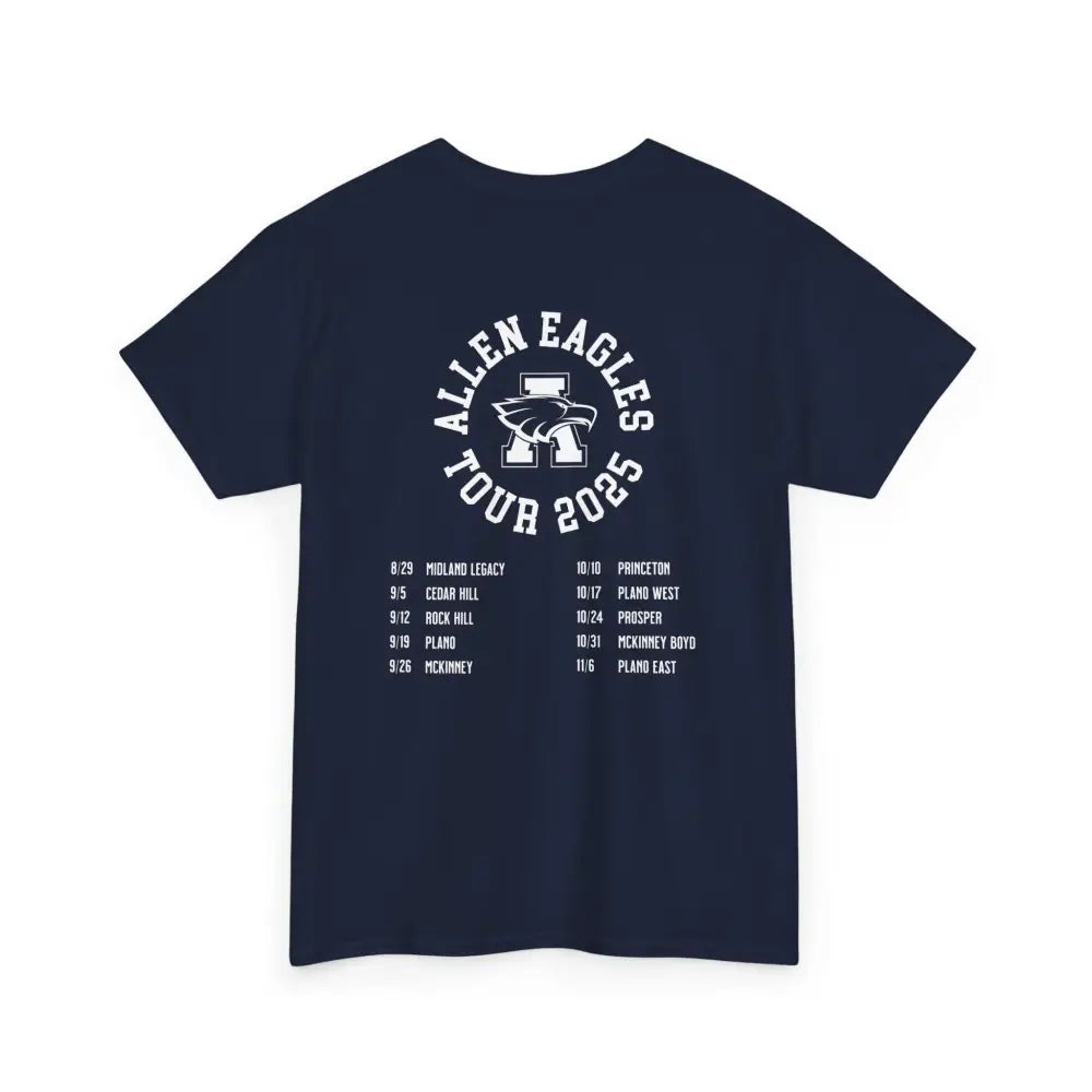Navy blue t-shirt with 'Allen Eagles Tour 2025' text on a white background