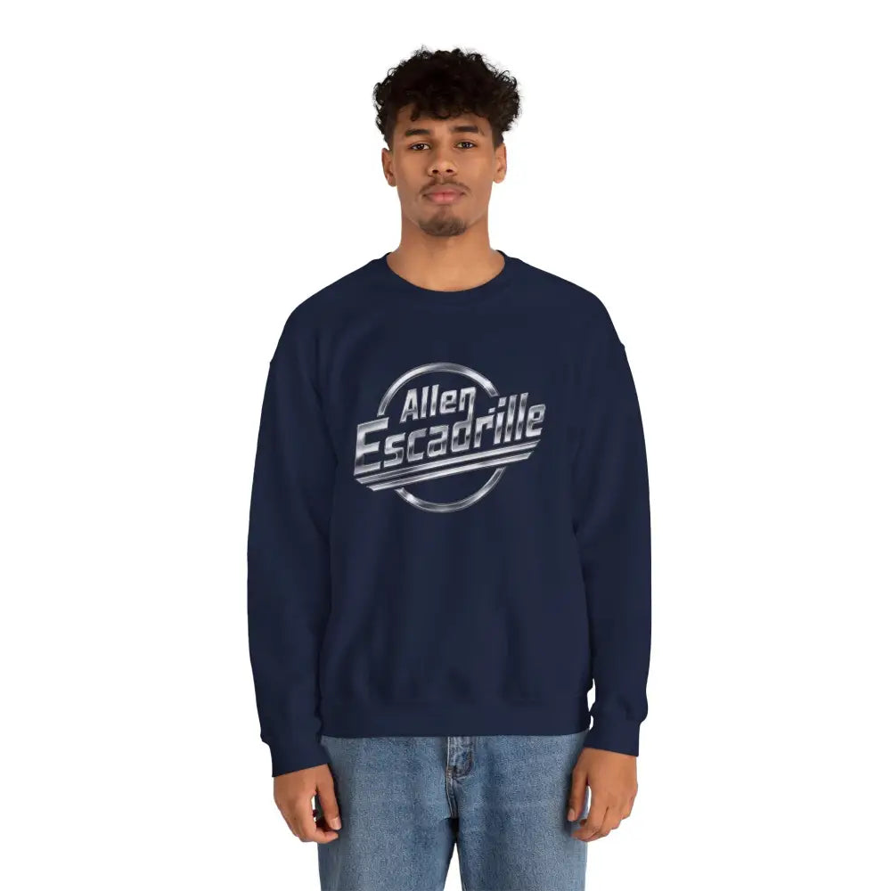 Person wearing a navy blue sweatshirt with 'Allen Escadrille' logo on a white background
