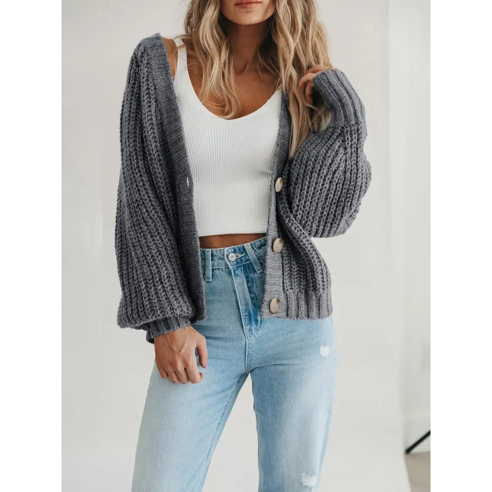 Button Up Long Sleeve Cardigan - Dark Gray / S