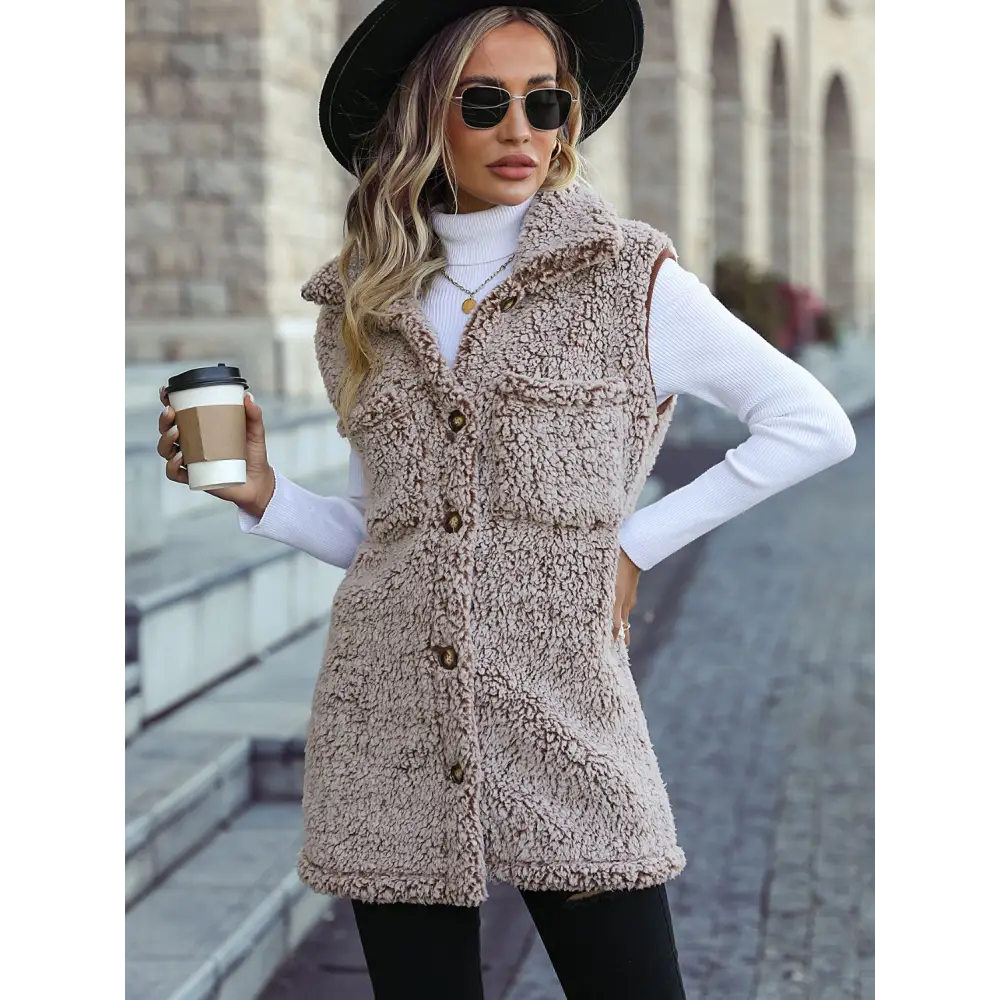 Full Size Button Down Collared Neck Vest - Mocha / S