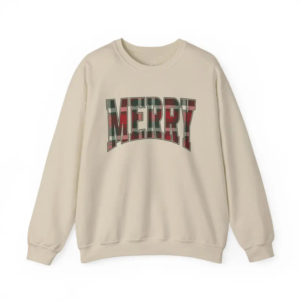 Plaid Varsity Merry Christmas Sweatshirt - Sand / S - Sweatshirt