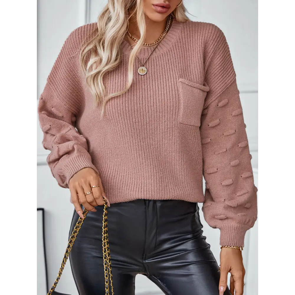 Round Neck Drop Shoulder Sweater - Clothing Tops