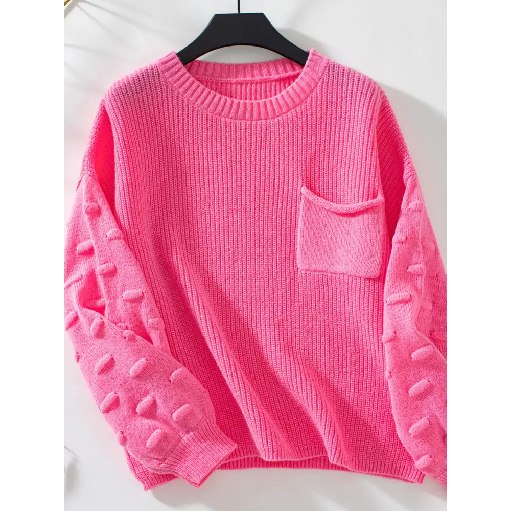 Round Neck Drop Shoulder Sweater - Hot Pink / S - Clothing Tops