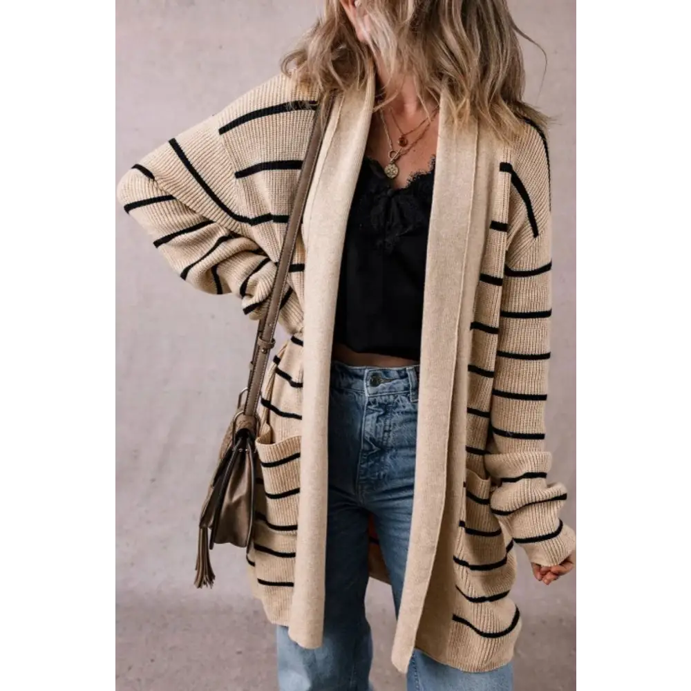 Striped Open Front Long Sleeve Cardigan - Khaki / S