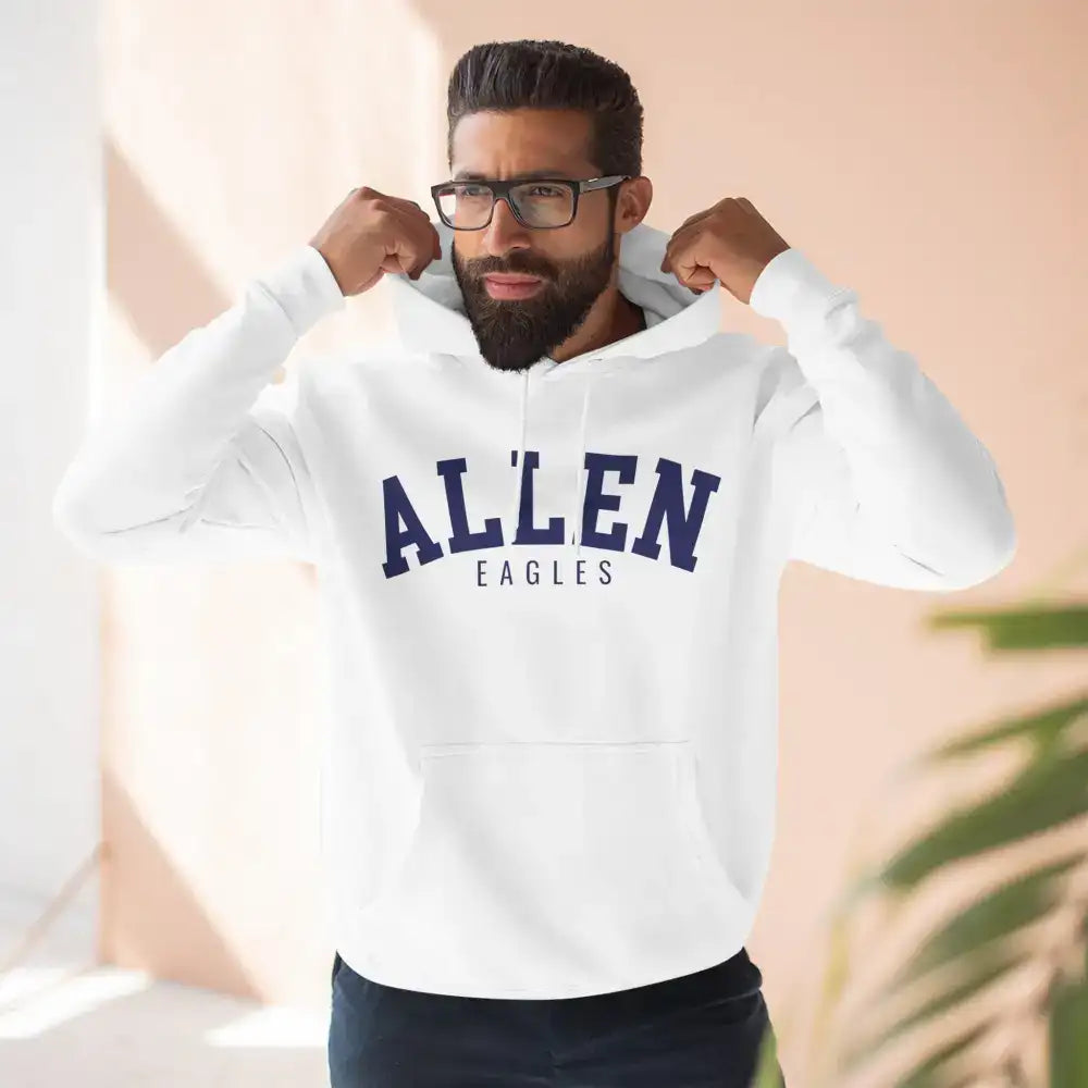 White allen eagles hoodie with navy blue text and design.