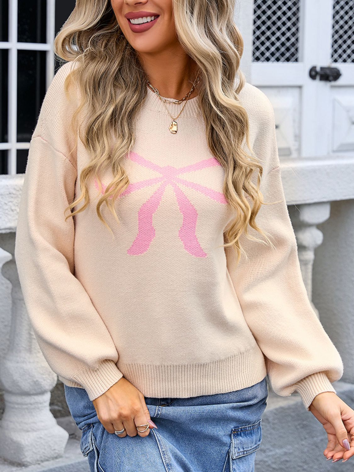 Angel Wings Bow Graphic Round Neck Long Sleeve Sweater danirou