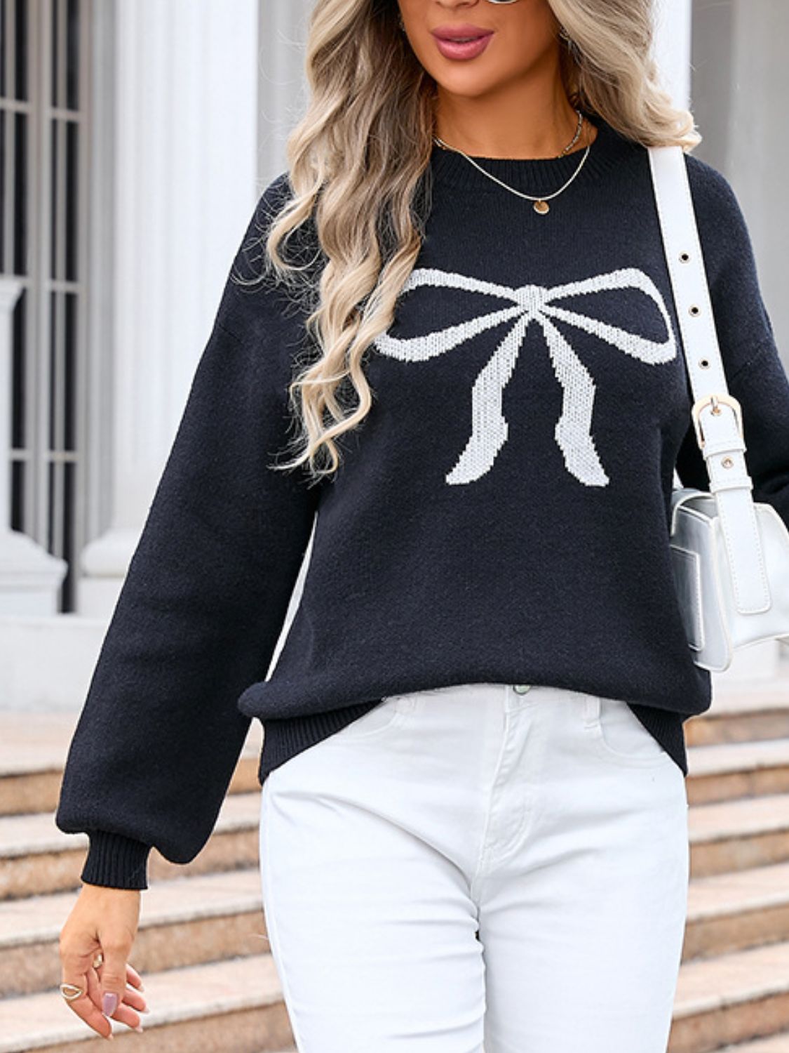 Angel Wings Bow Graphic Round Neck Long Sleeve Sweater danirou