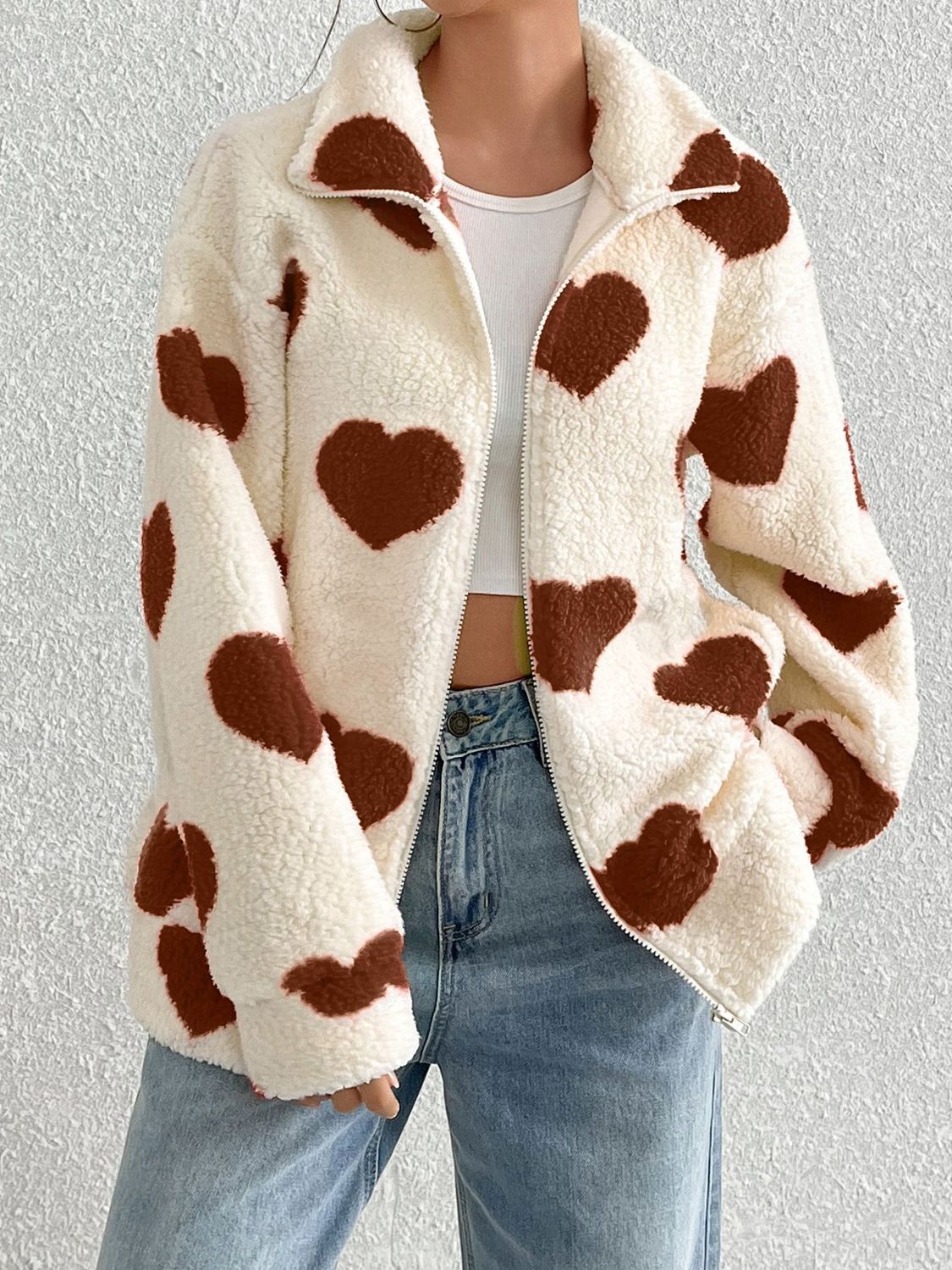 Heart Zip Up Drop Shoulder Furry Jacket danirou