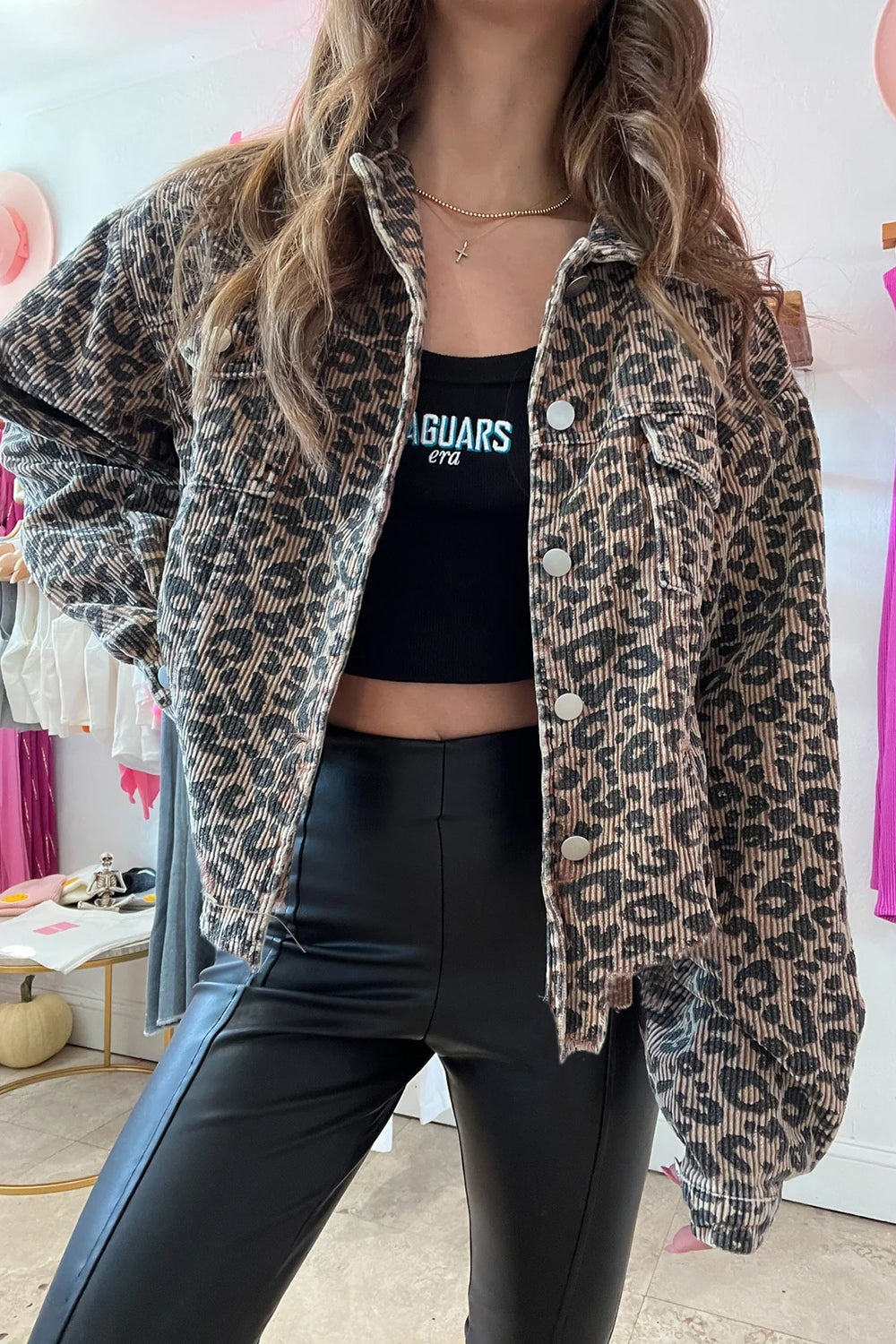 Asymmetrical Hem Collared Neck Leopard Jacket danirou