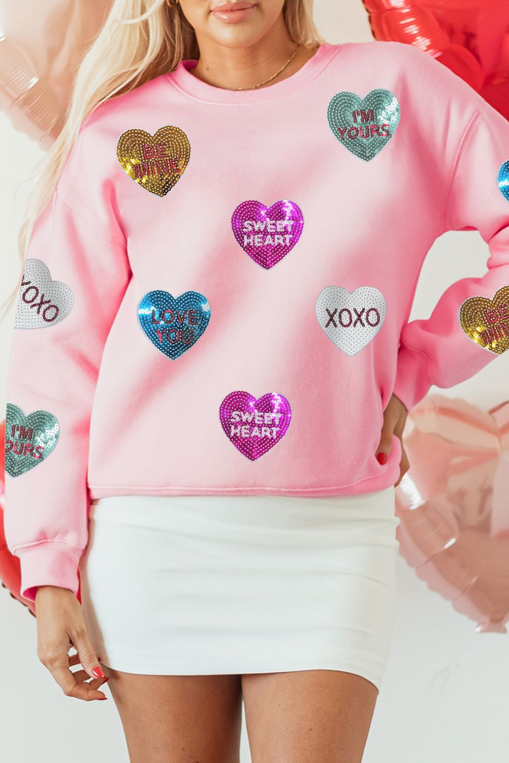 Valentine’s Day Sequin Heart Round Neck Long Sleeve Sweatshirt danirou