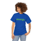 Woman wearing a blue t-shirt with 'margs.' printed in green on a white background