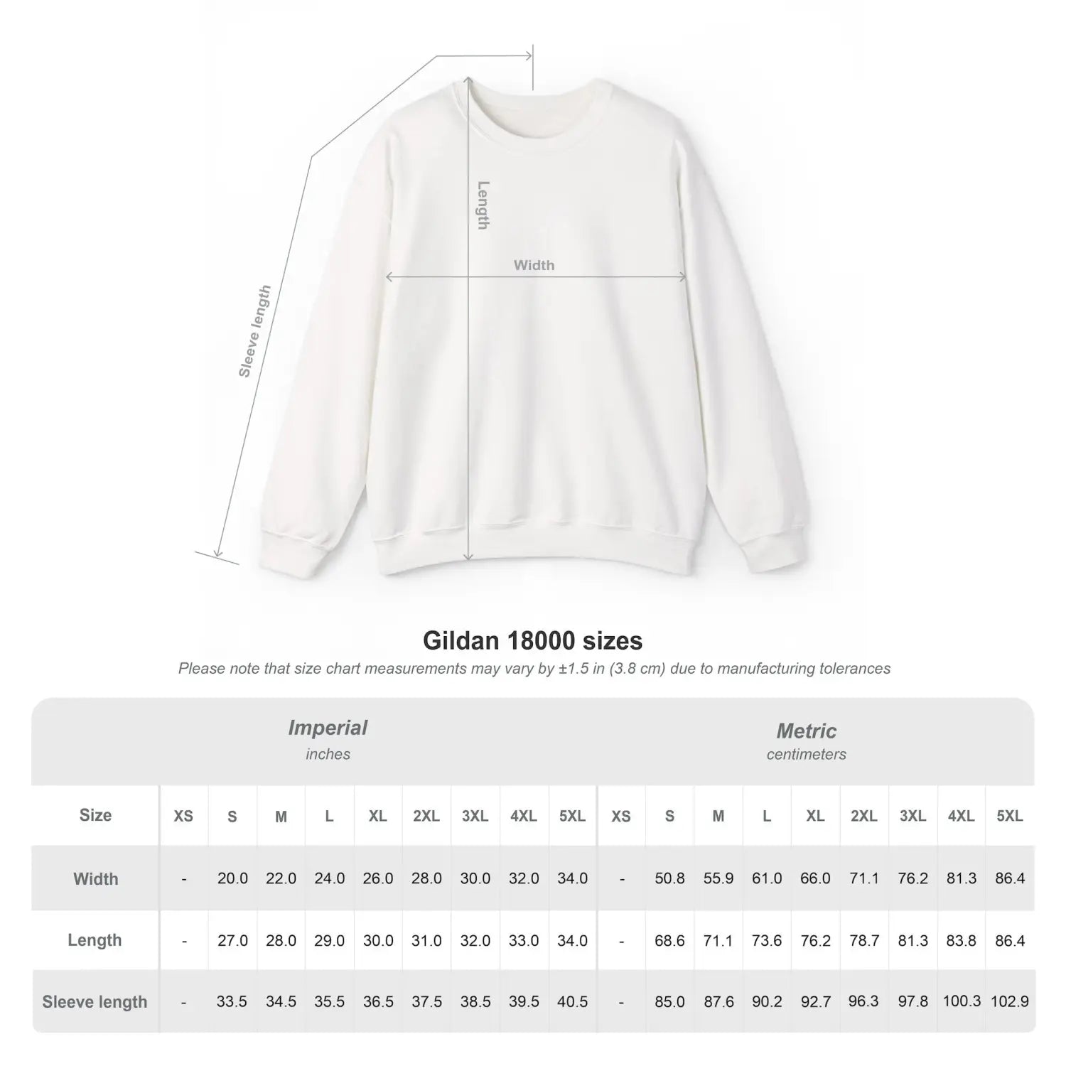 Gildan 18000 Sweatshirt Size Guide