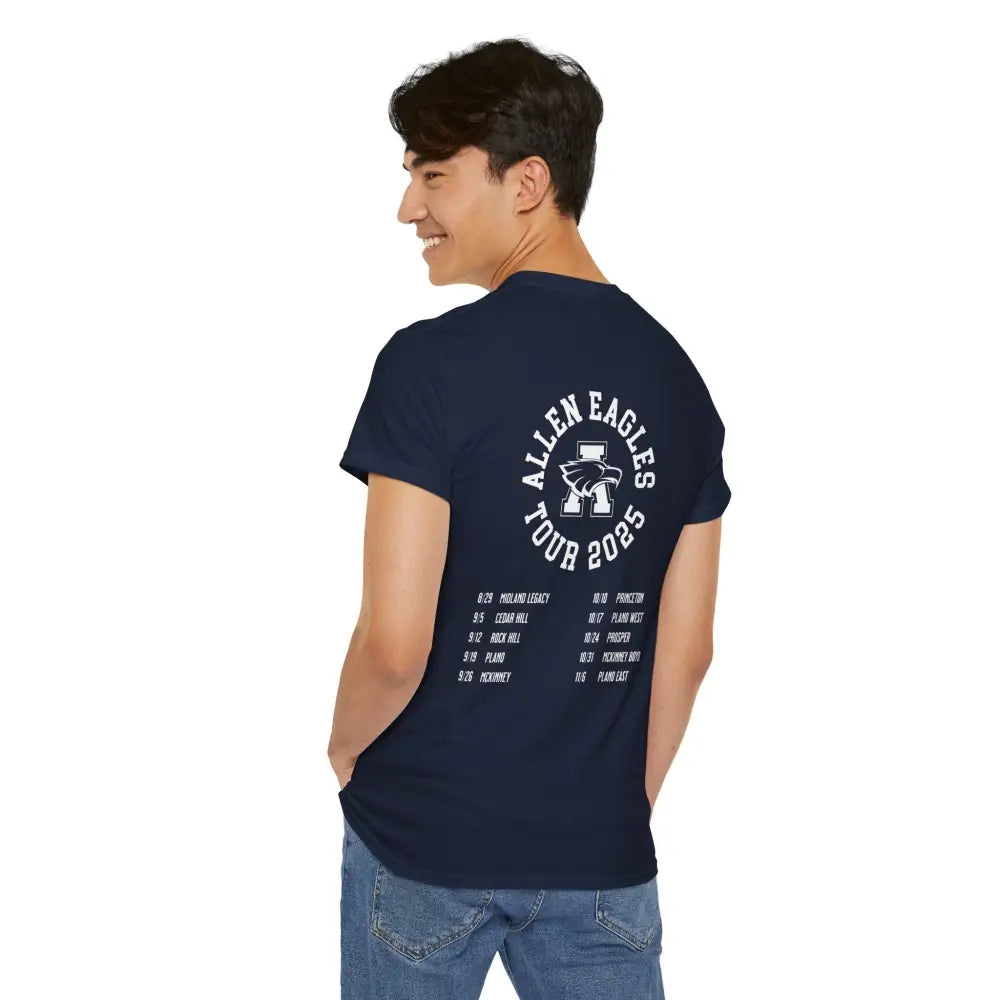 Person wearing a navy blue t-shirt with 'Allen Eagles Tour 2025' text on the back, standing against a white background.