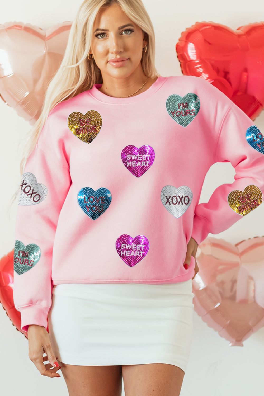 Valentine’s Day Sequin Heart Round Neck Long Sleeve Sweatshirt danirou