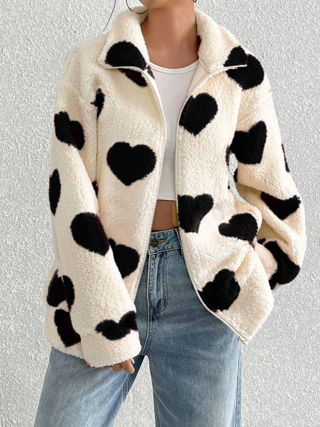 Heart Zip Up Drop Shoulder Furry Jacket danirou