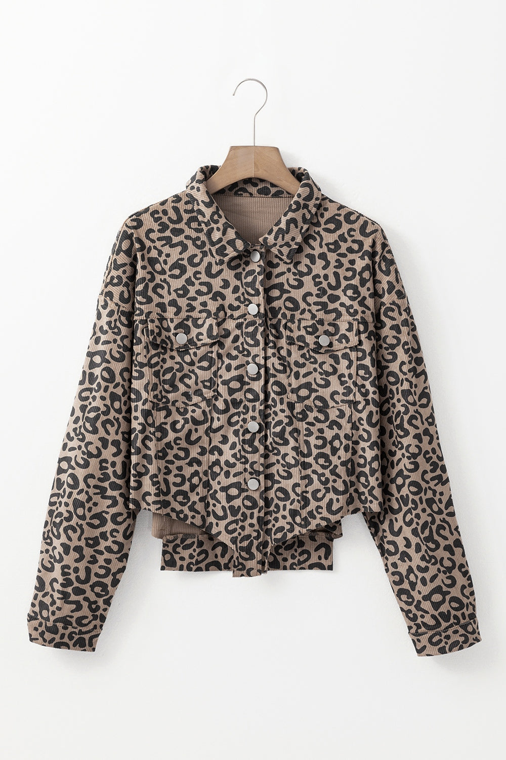 Asymmetrical Hem Collared Neck Leopard Jacket danirou