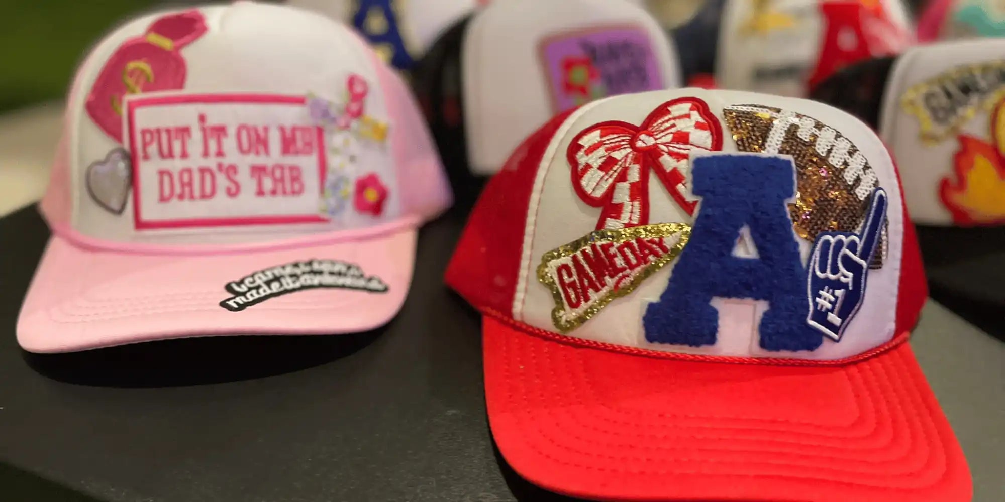 Decorated trucker hats.