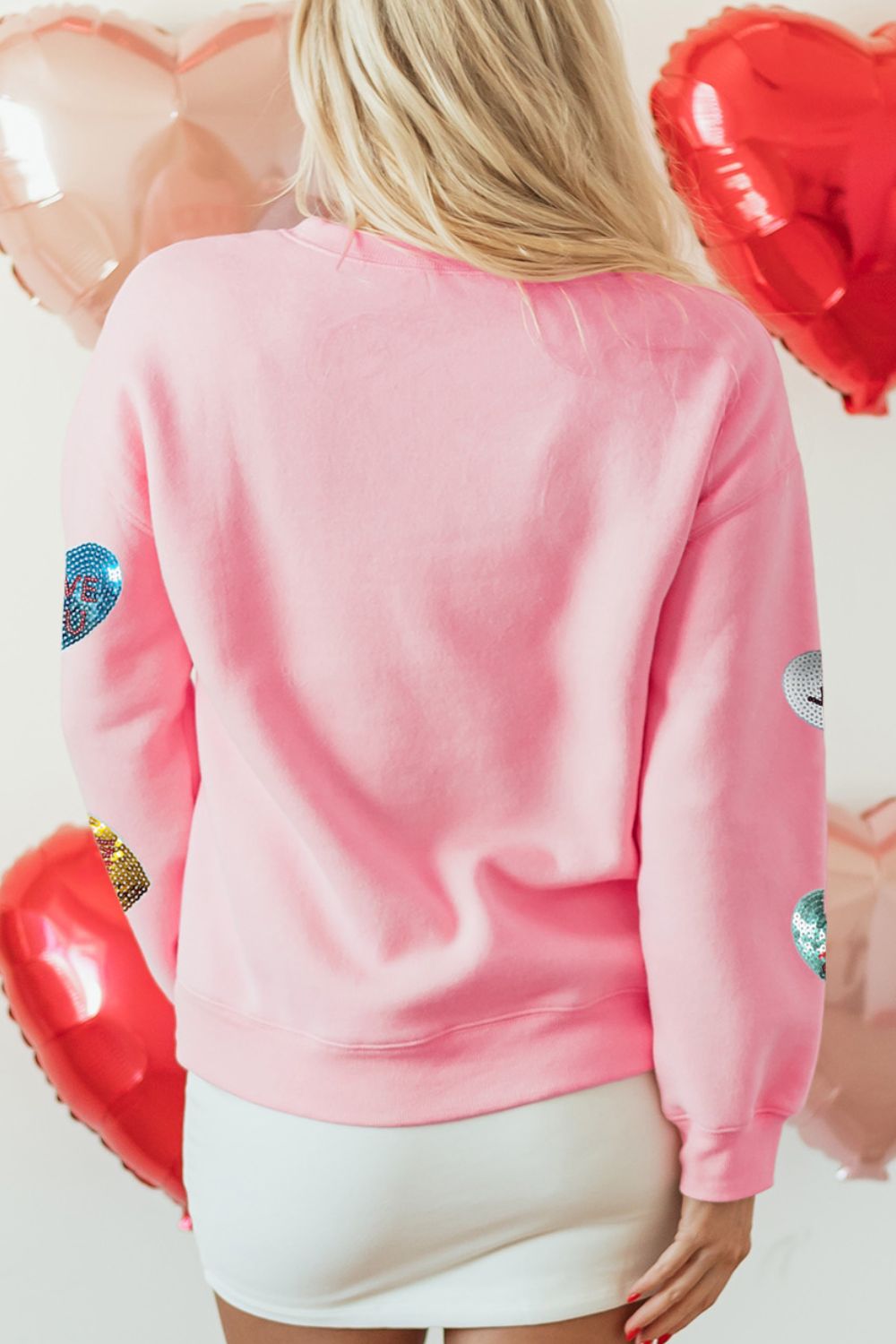 Valentine’s Day Sequin Heart Round Neck Long Sleeve Sweatshirt danirou