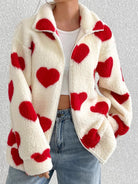 Heart Zip Up Drop Shoulder Furry Jacket danirou