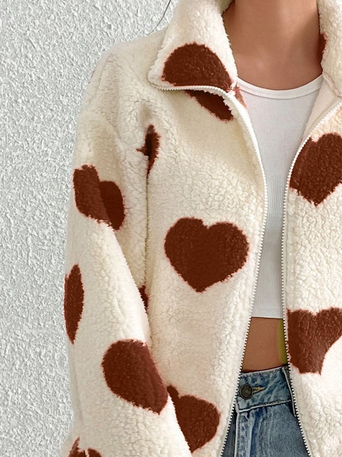 Heart Zip Up Drop Shoulder Furry Jacket danirou