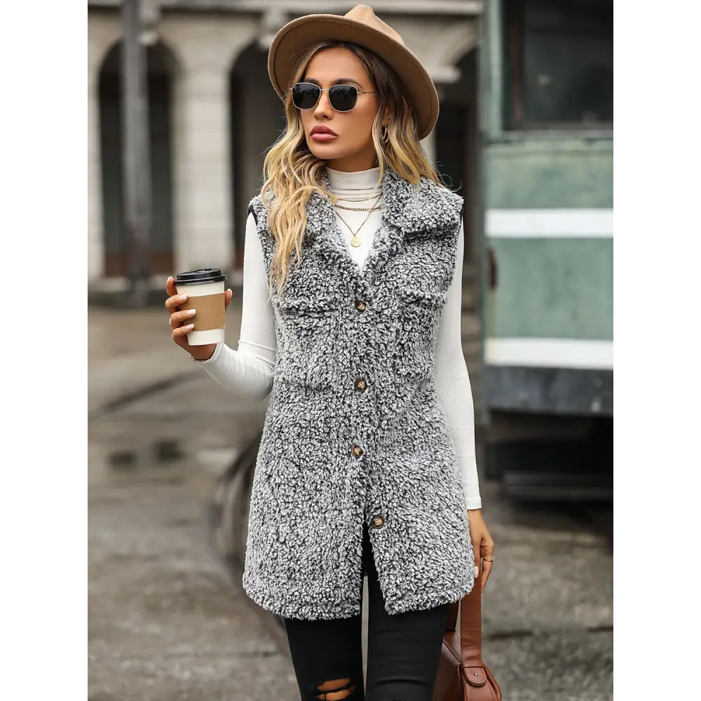 Full Size Button Down Collared Neck Vest - Black / S