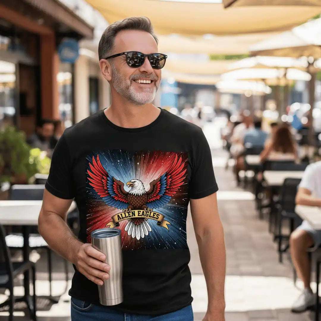 Men’s black short-sleeve t-shirt with a graphic of a bald eagle and an ’ALLEN EAGLES’ banner.