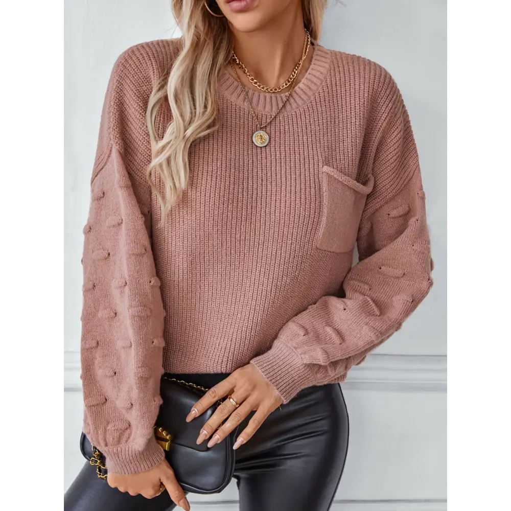 Round Neck Drop Shoulder Sweater - Dusty Pink / S - Clothing Tops