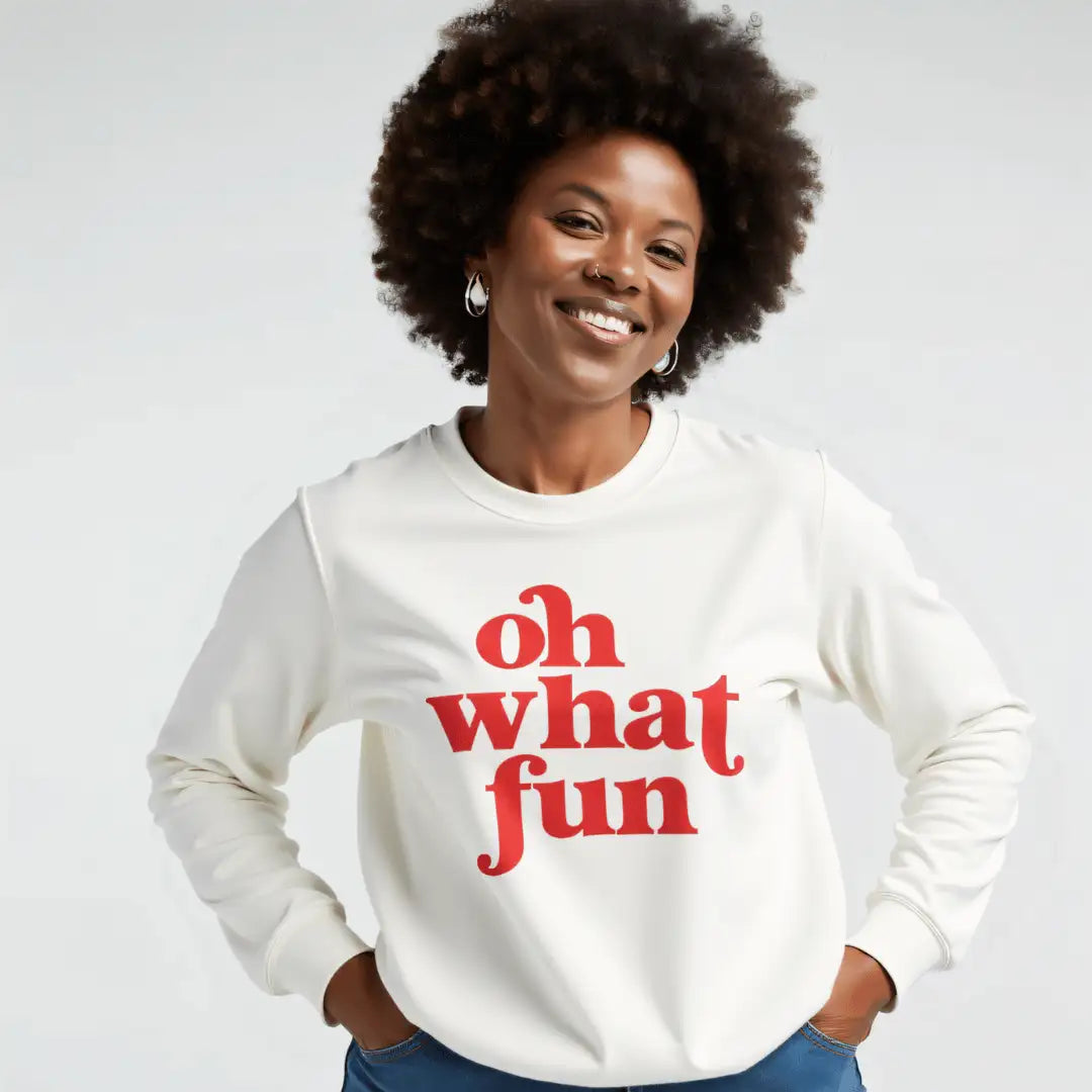 White crewneck sweatshirt with red ’oh what fun’ text design, casual wear.