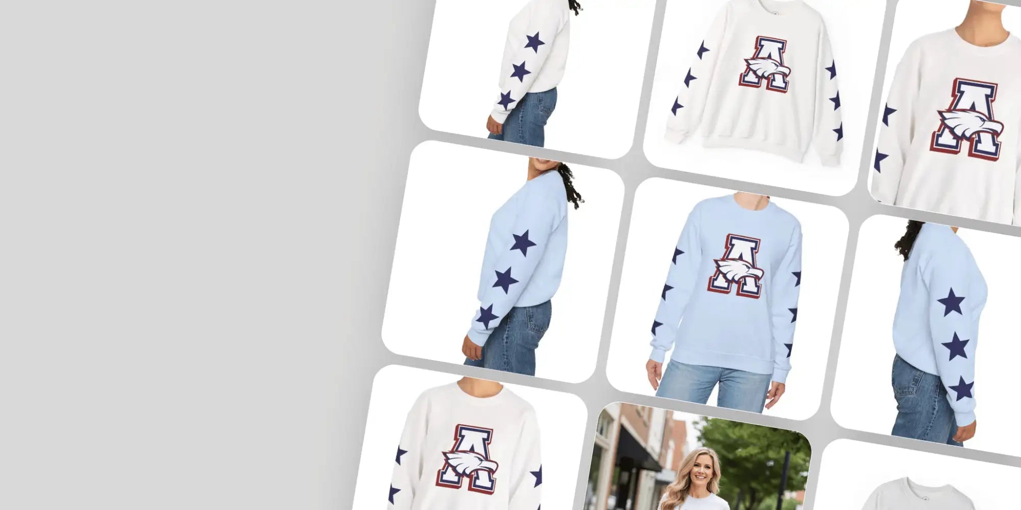 White star-patterned sweatshirt with red and blue lettering, likely from a popular brand known for casual wear.